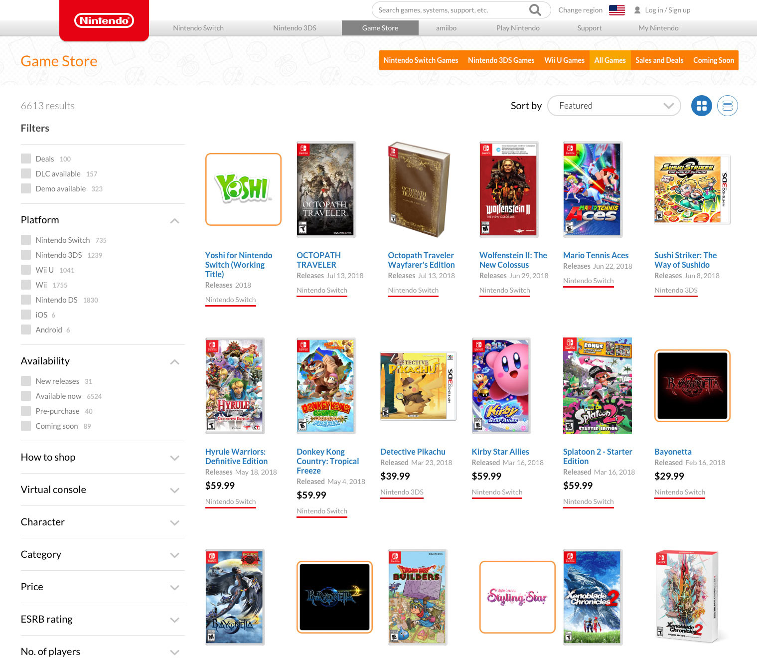 Nintendo.com Store search