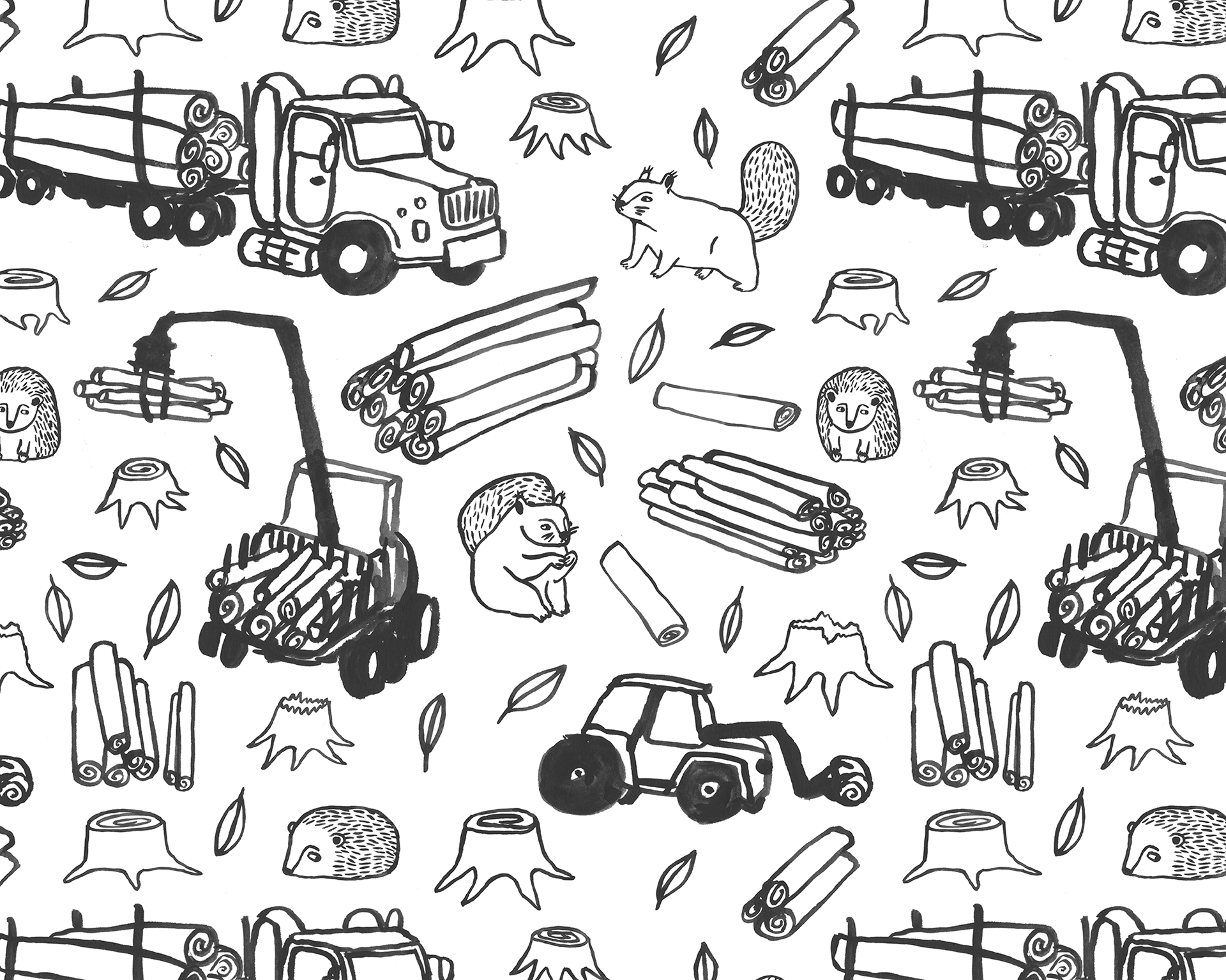 Repeat pattern design of woodland animals and deforestation