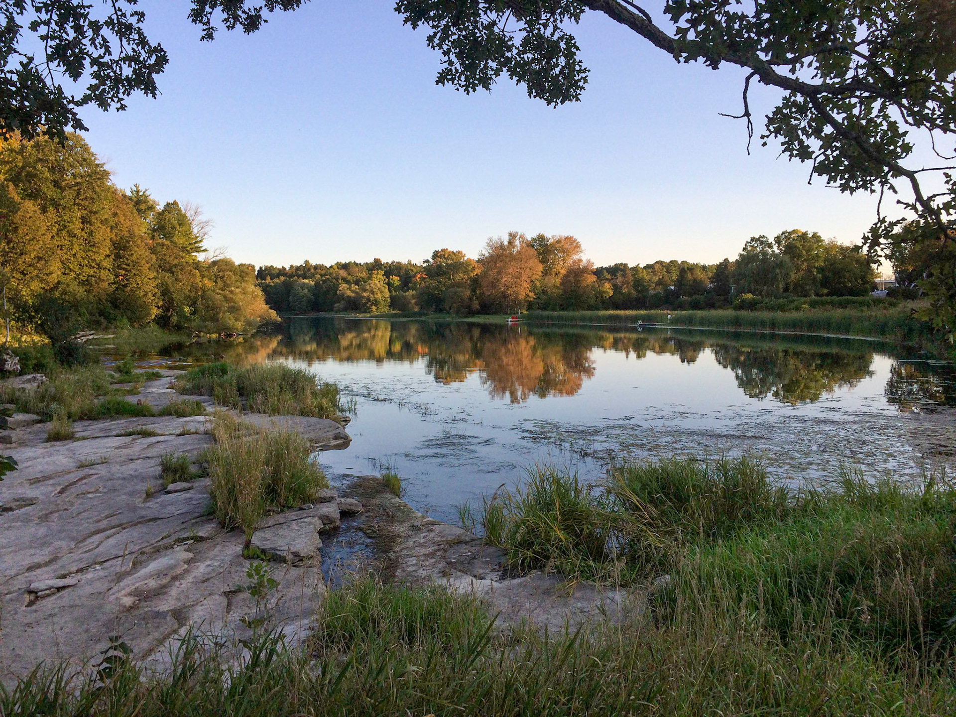 The large flat rock extends into the river, and is where we set up our gear.