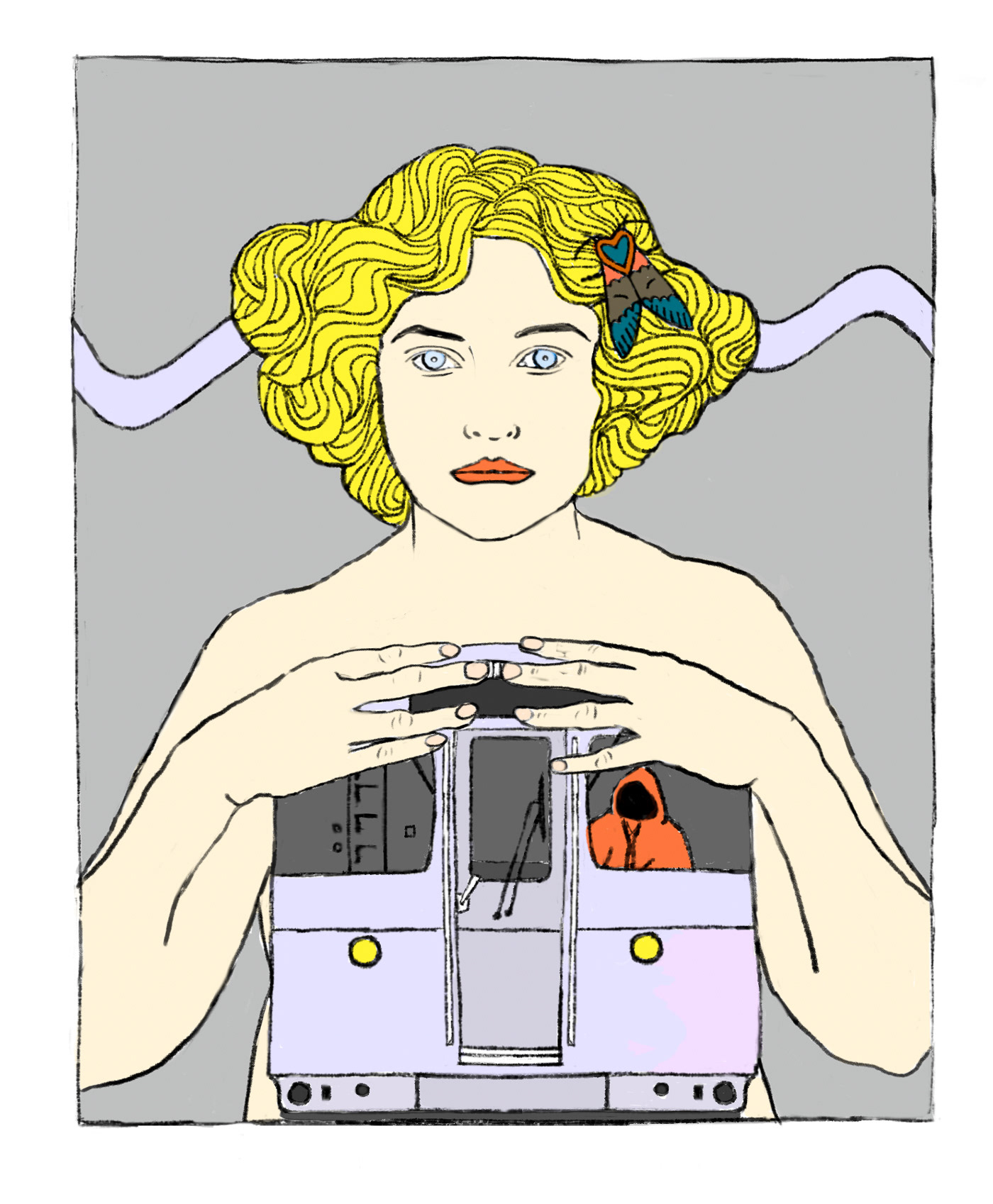 A woman with short blond hair and a moth in her hair, looks out from the picture. She rests her hands on an underground train which is relatively smaller than her. Inside the train a hooded, faceless person stands wearing a red hoody.
