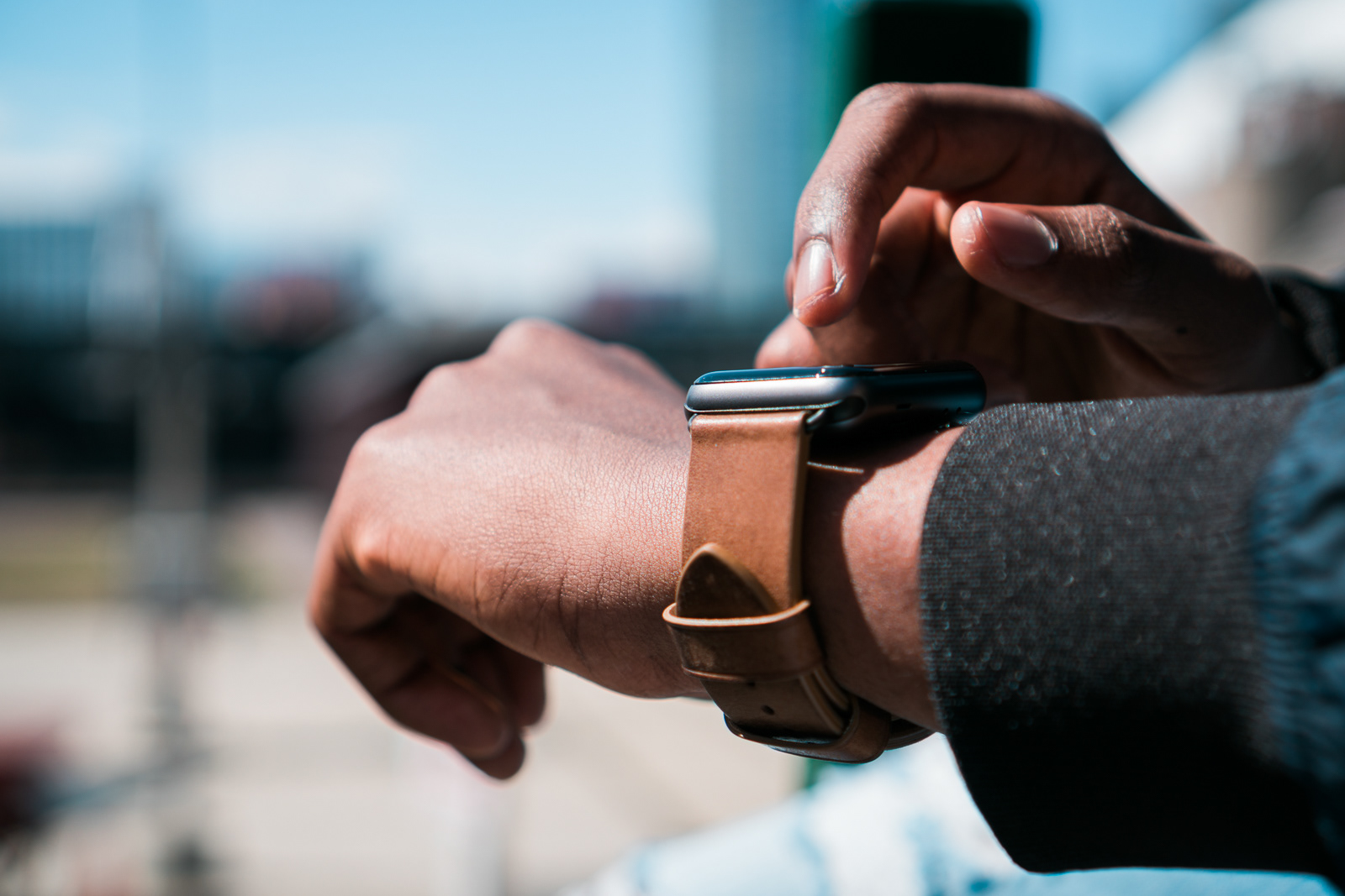 Leather Monowear Apple Watch band in use