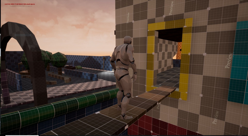 The player crosses the bridge into an old community theater.