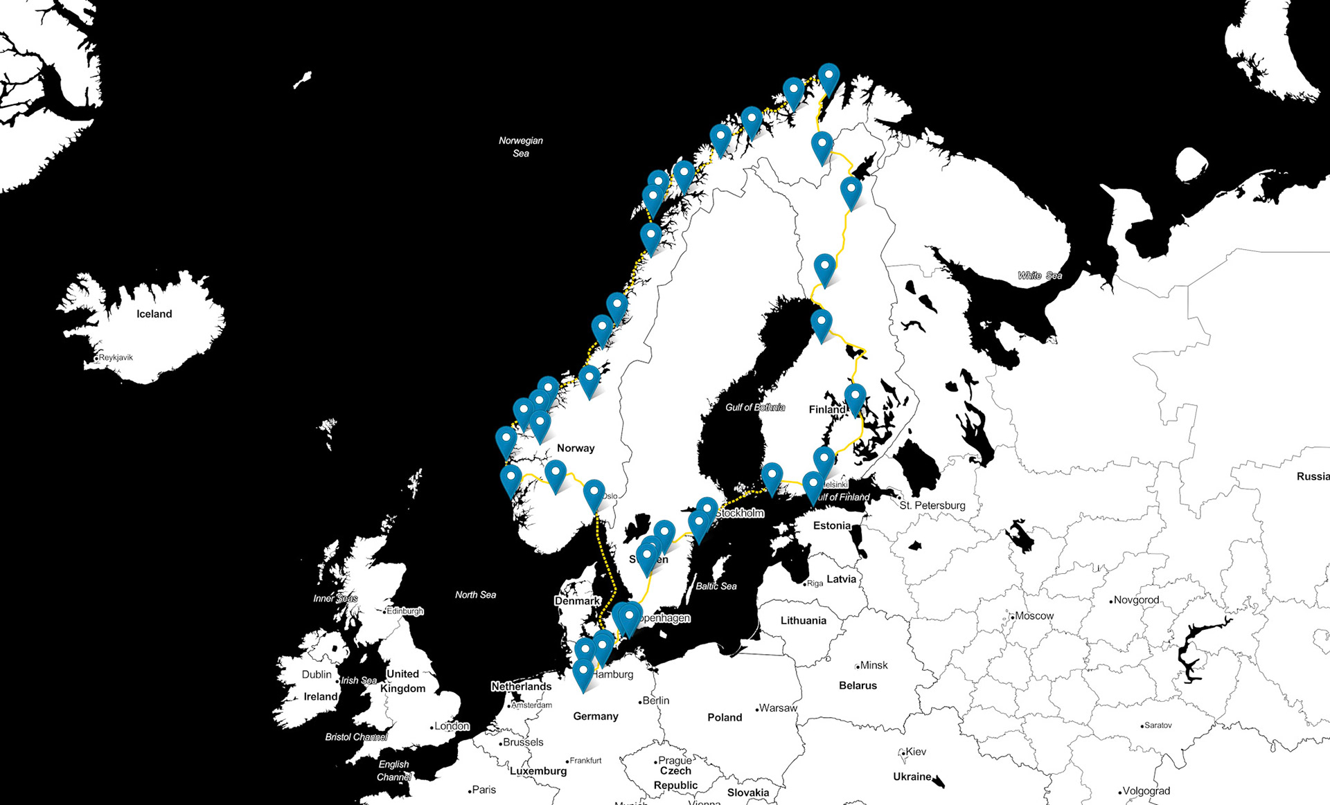 Routenkarte Skandinavien, siehe Webmapping