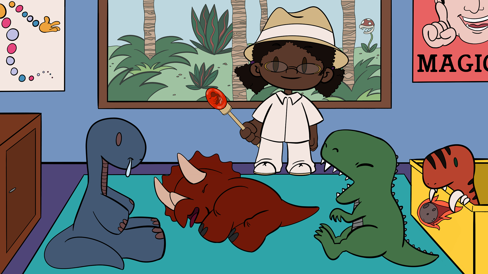 B uses her imagination to teach a class of dinos