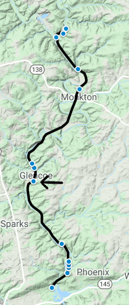 Smaller version of the overview map showing the locations of the sites along the trail. An arrow points to the southernmost site at Glencoe. 