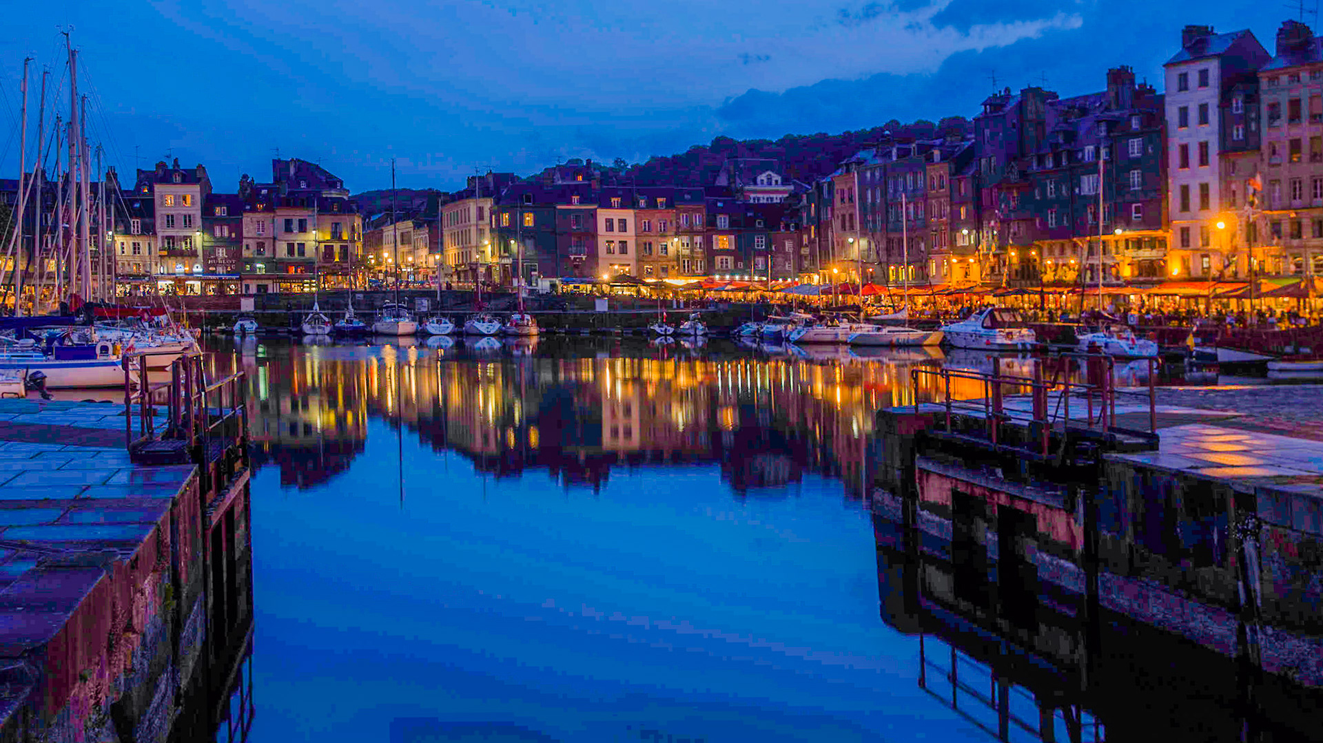 Night photo of the Vieux Bassin harbour in Honfleur, Normandy