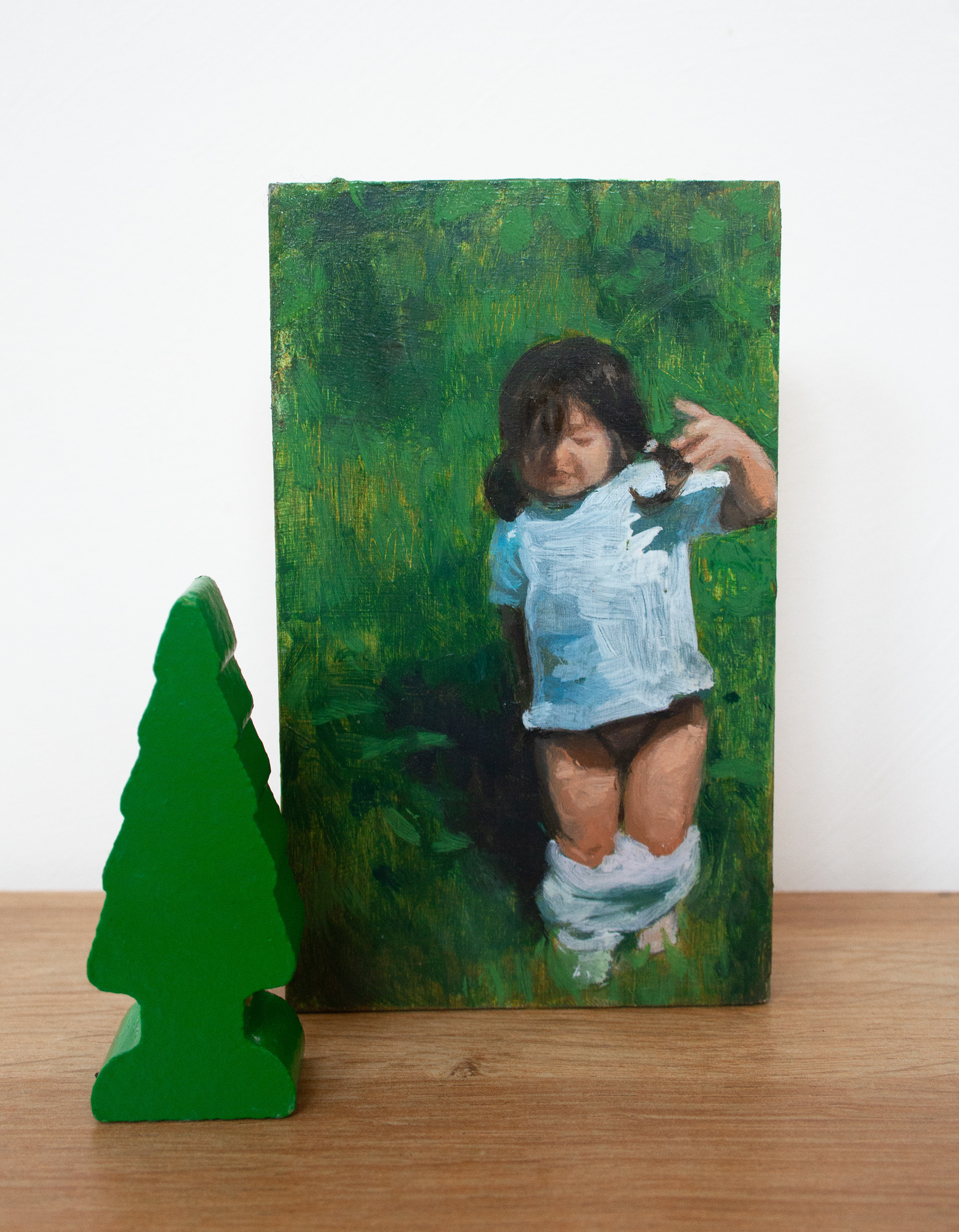 The Day in The Woods - oil on block, brio toy -3 x 5 in