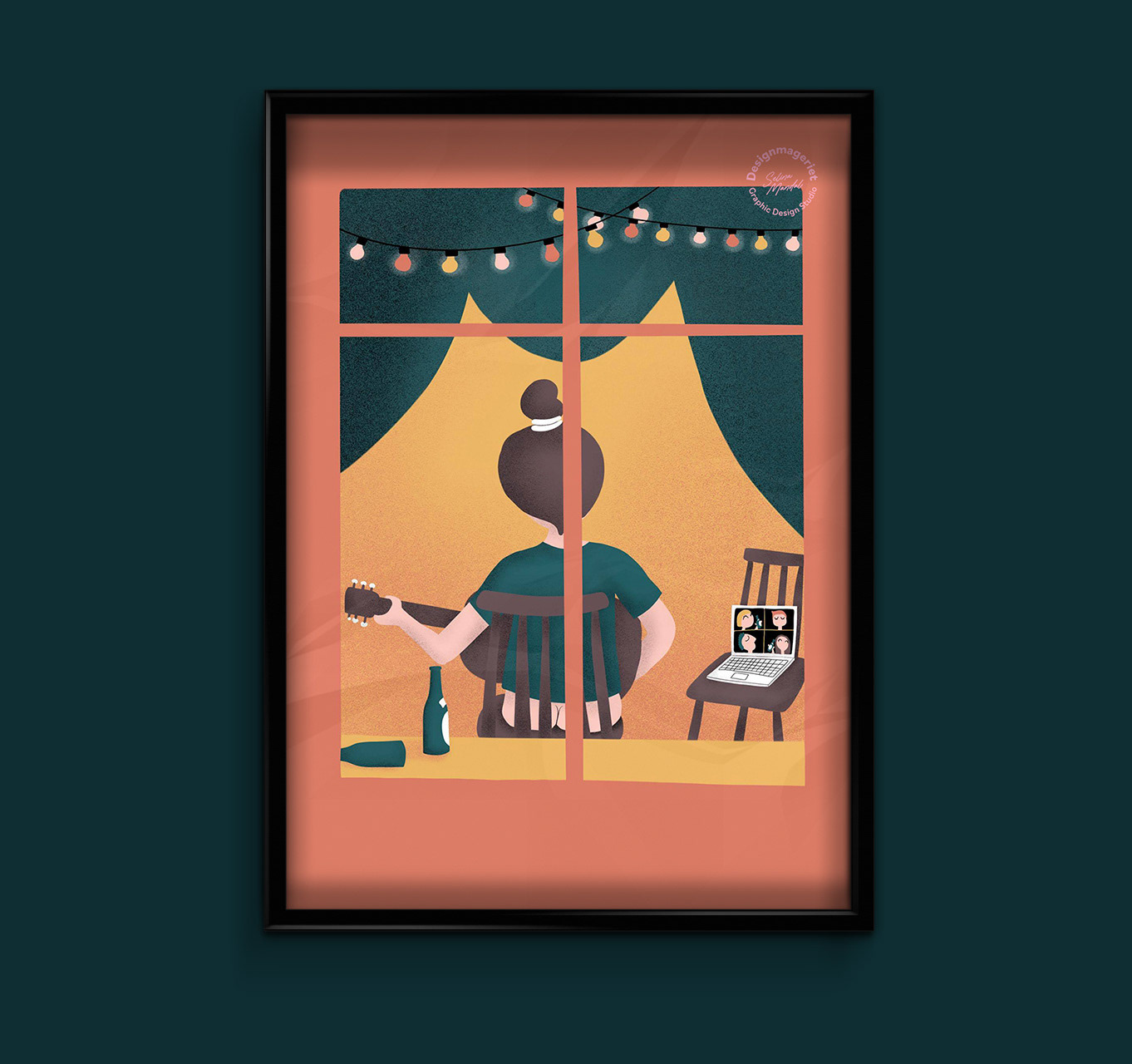 Bliv hjemme illustrationer - tegninger i forbindelse med corona pandemien i 2020. Her et kig ind til en trist festivalgænger der netop har fået at vide, at sommerens festivaler er aflyst.