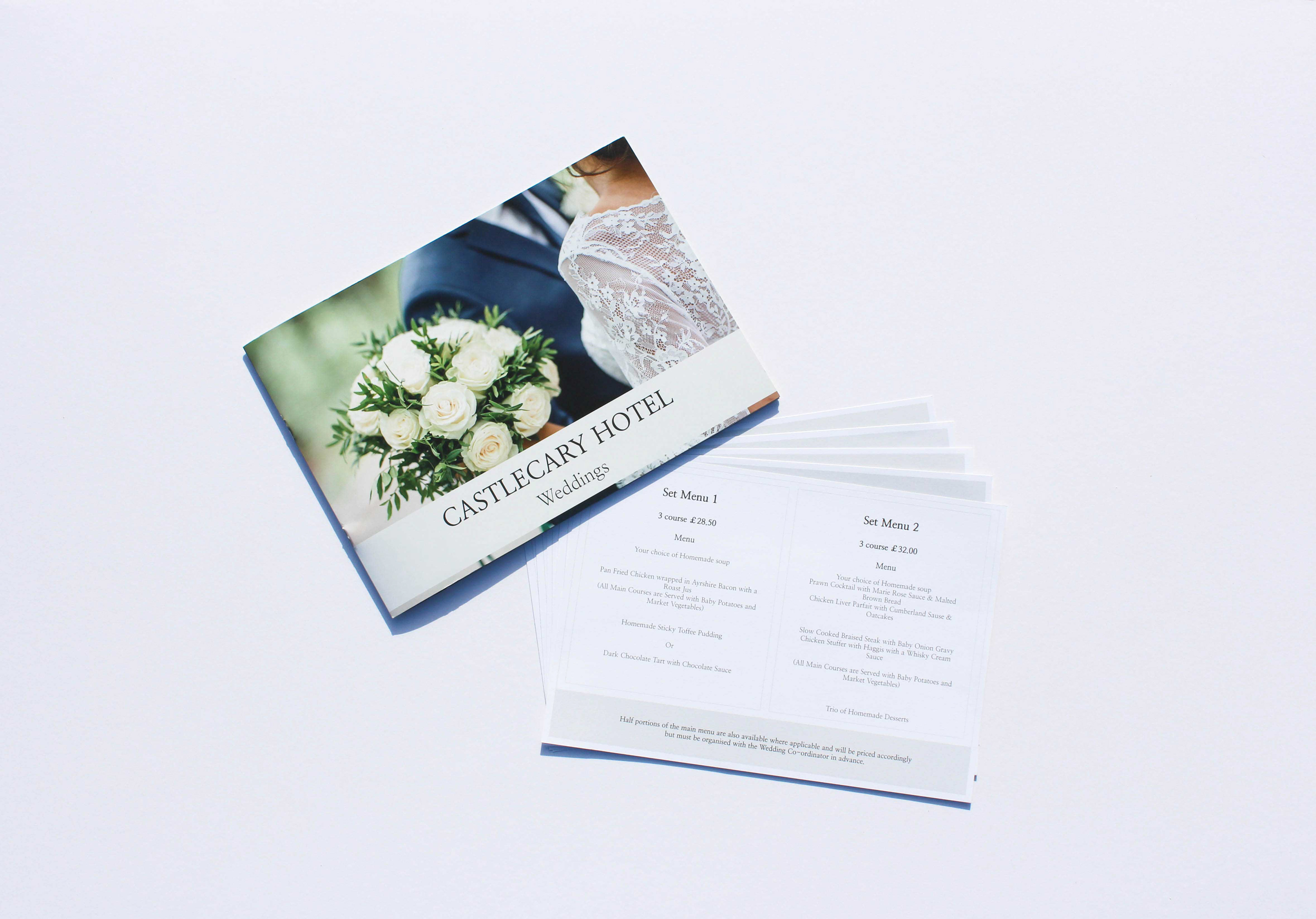 A5 landscape booklet containing wedding venue package information, front cover has closeup of wedding bouquet and bride and groom
