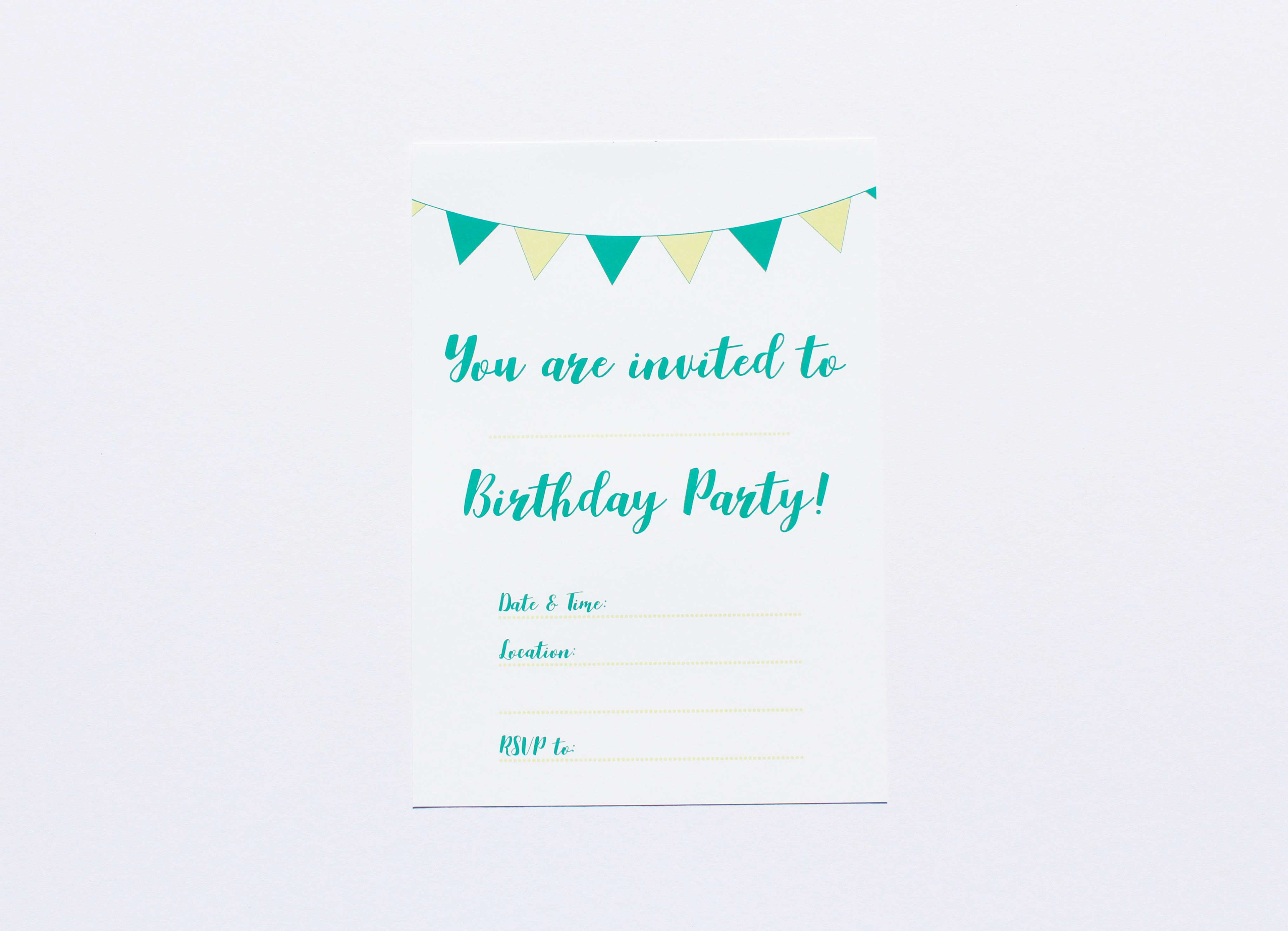 A5 Turquoise and yellow party invite. turquoise and yellow bunting hanging across the top. Text in turquoise script font