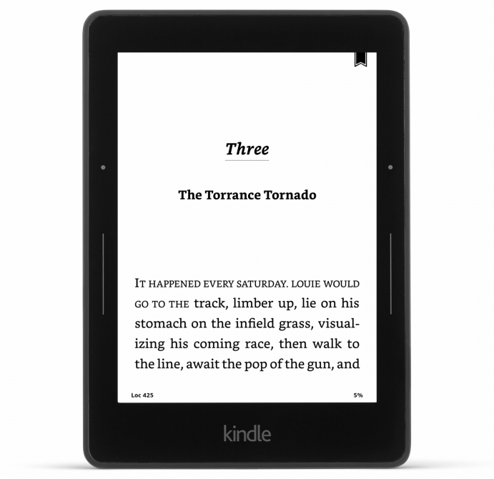 Animated gif of a Kindle e-reader with a book open. Tapping on the screen shows the page minimize with a book page on either side. Tapping on a grid button changes the view to a grid of book pages. Tapping on an arrow button on the side of the grid replaces the pages. Tapping on a button stating the original page navigates back to that page. An additional tap zooms back into full screen.