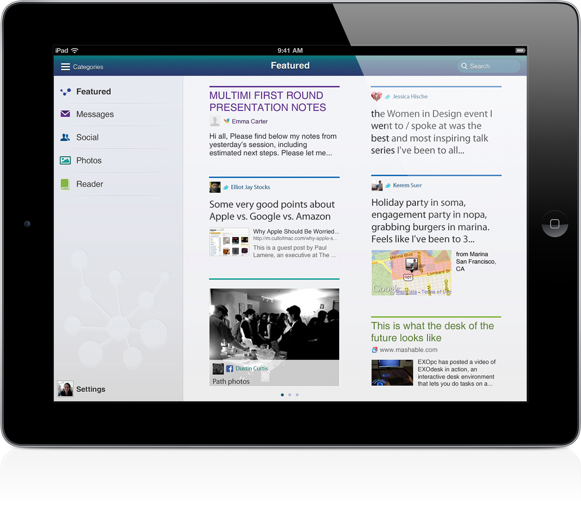 iPad view of multimi home showing an aggregation of messages, social and images.