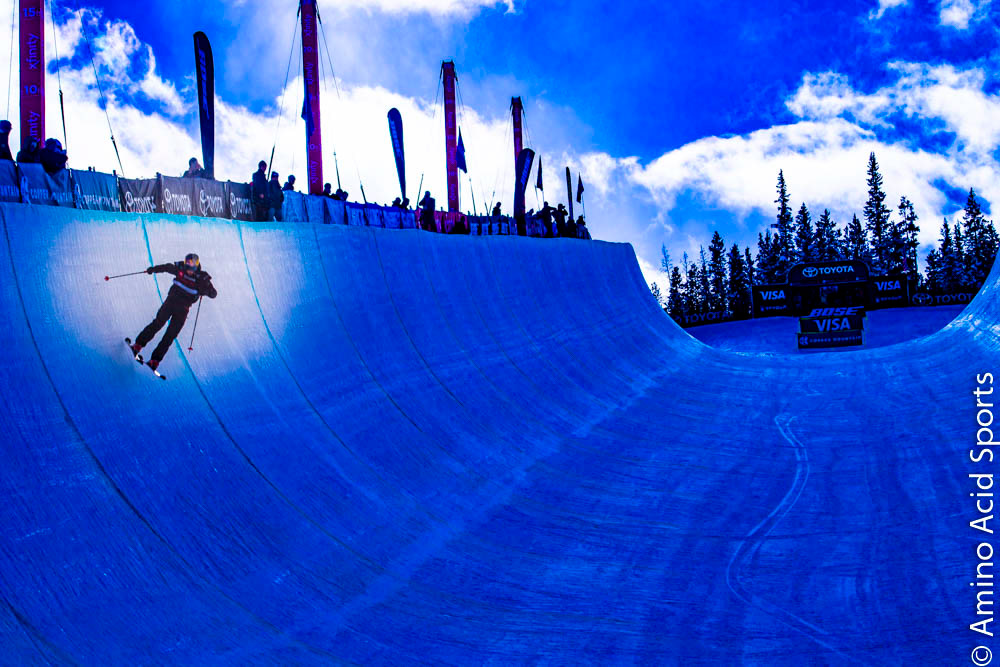 New Zealand national Miguel Porteuos, sticks the landing on the skiers' Right Wall, for his Corked Back 540*