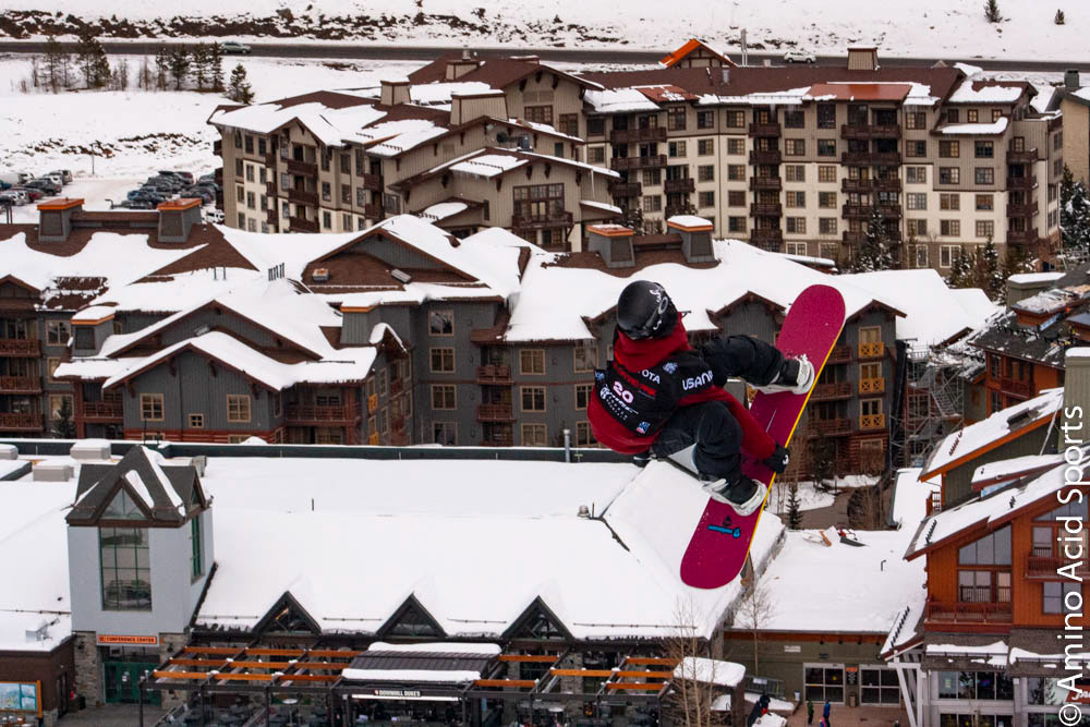 Suisse Elias Allenspach (#28) tail grabs a 900* in Copper's Halfpipe
