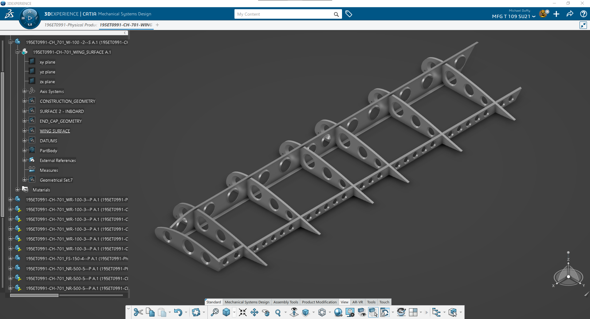 CH-701 Wing Structure Assembly. Showing Ribs and Spars, with flanged holes.