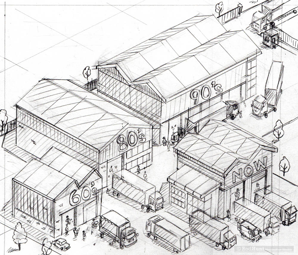 Original pencil concept sketch for a property and business editorial illustration