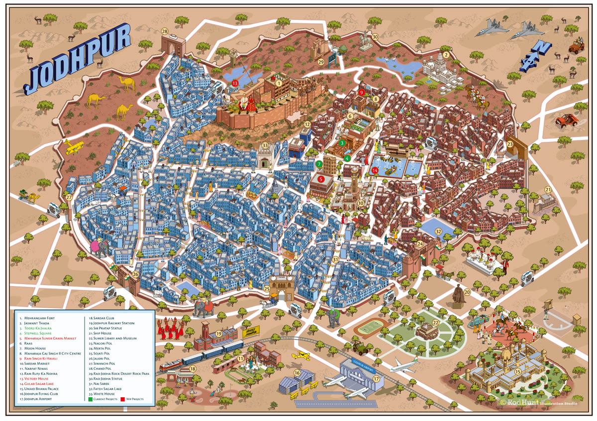 Jodhpur City Map Illustration - Illustrated Maps by City Map Illustrator Rod Hunt, a professional city map illustrator