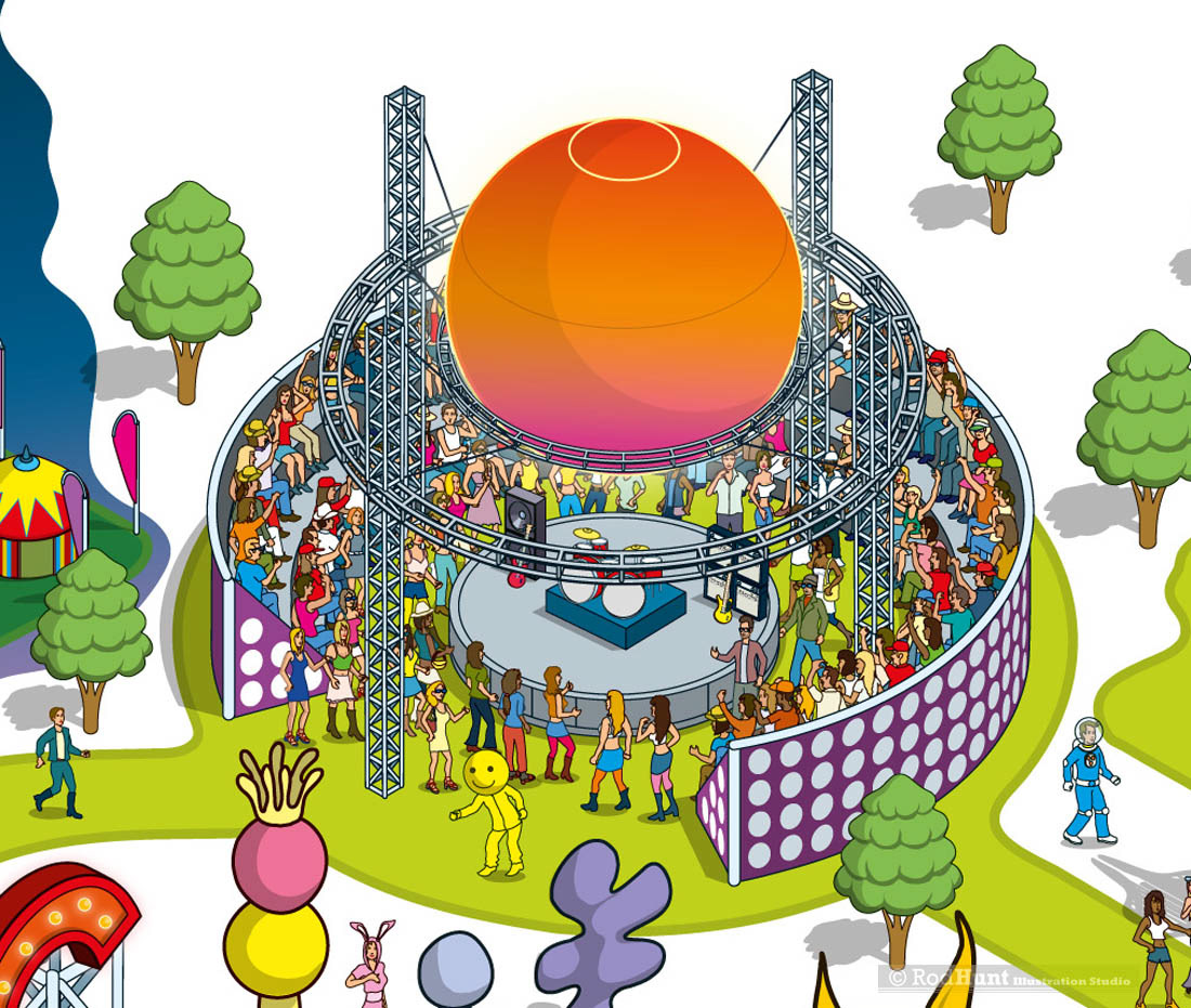 Detailed illustrations for a magazine article on music festivals