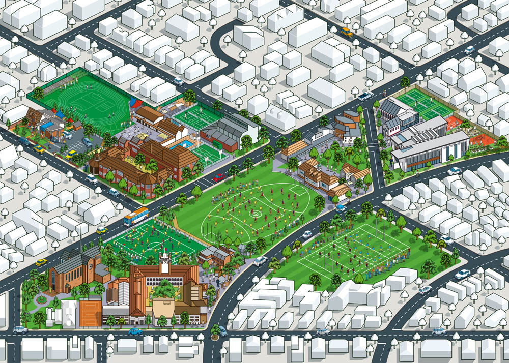 Illustrated maps by map illustrator Rod Hunt - Campus Map created for Brighton Grammar School - College Campus Maps. University illustrated campus aerial maps, birds eye view and 3D architectural illustrations.