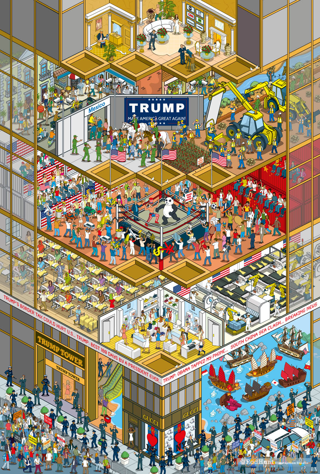 Satirical political illustration of Trump Tower on Doing Business in Trump's America, an editorial illustration for the Business of Fashion magazine