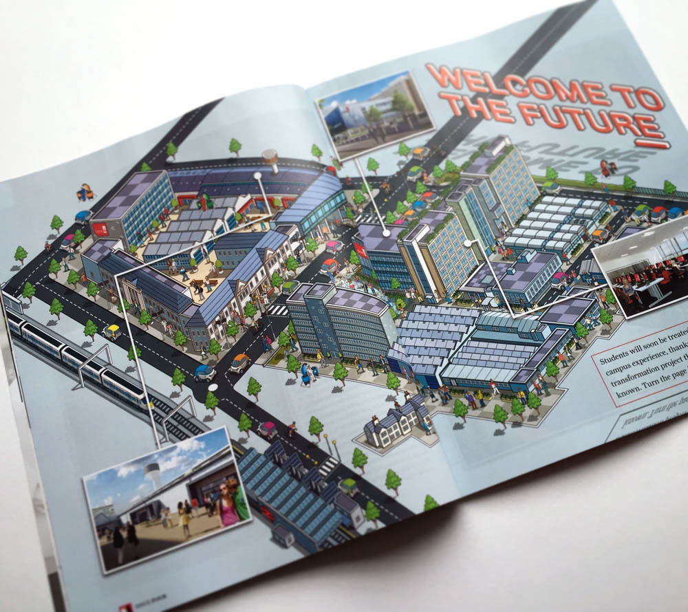 Bird eye view University Campus Map Illustration in 3D isometric perspective