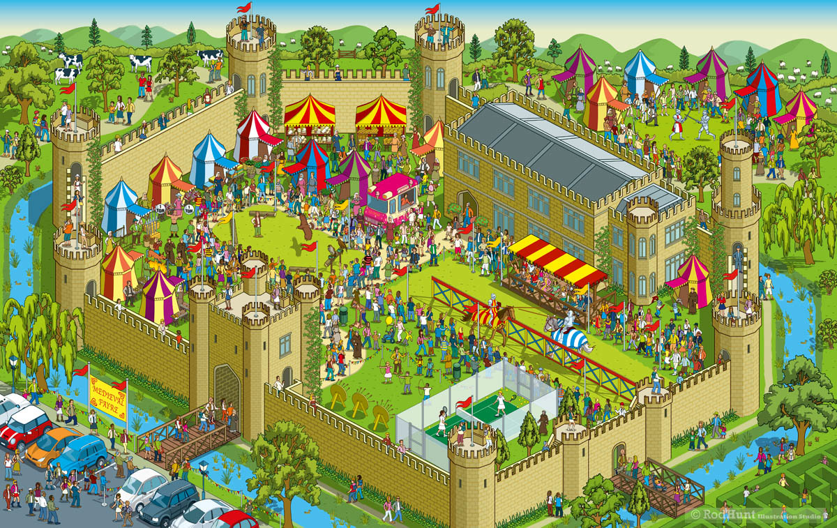 Isometric castle illustration - Heritage Site castle map illustration Daily Mail Treasure Hunt Puzzle competition- Wimmelpicture, wimmelbilderbuch, wimmelbook, wimmelbild