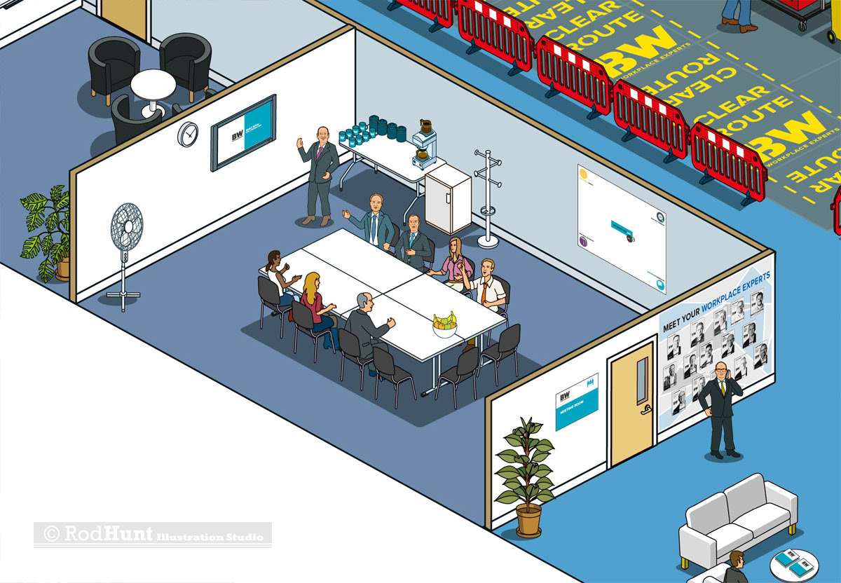isometric information graphics building site set-up illustrations