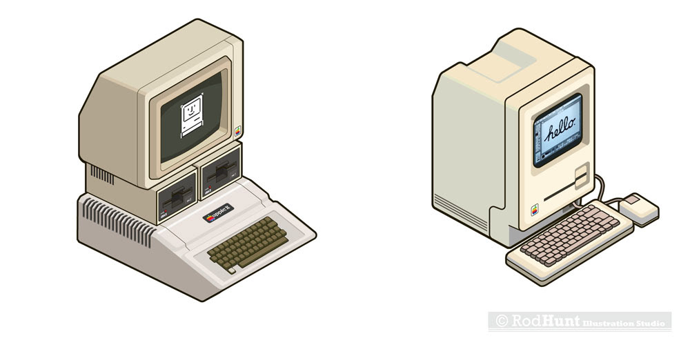 Isometric illustrations of the classic iMac