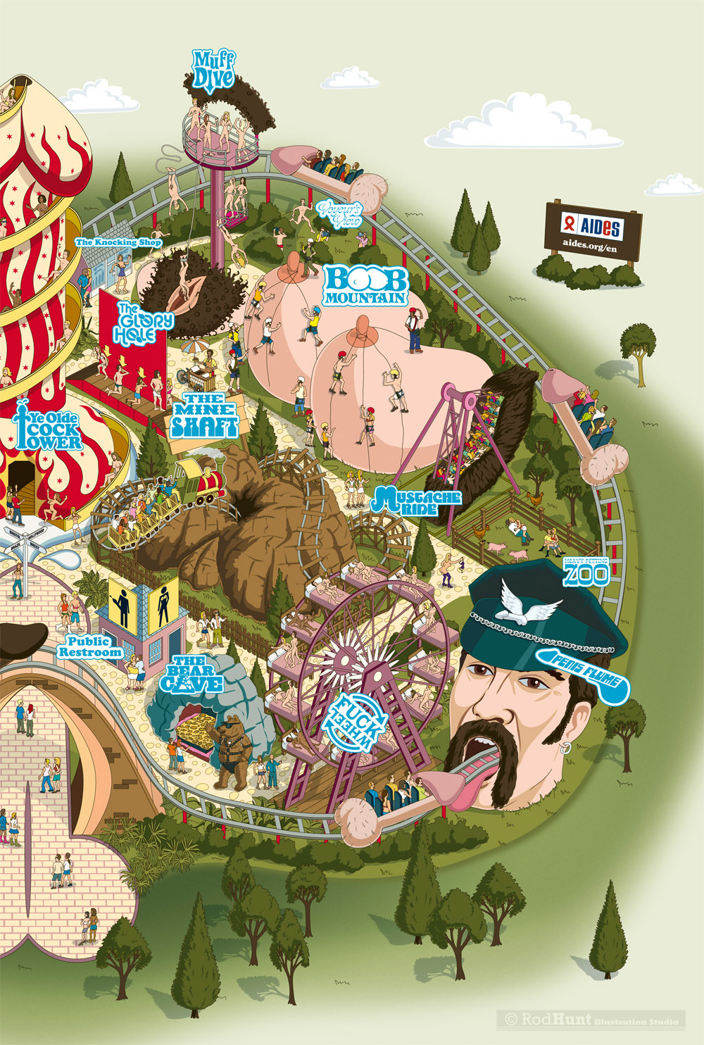 HIV/Aids awareness theme park illustration promoting safe sex