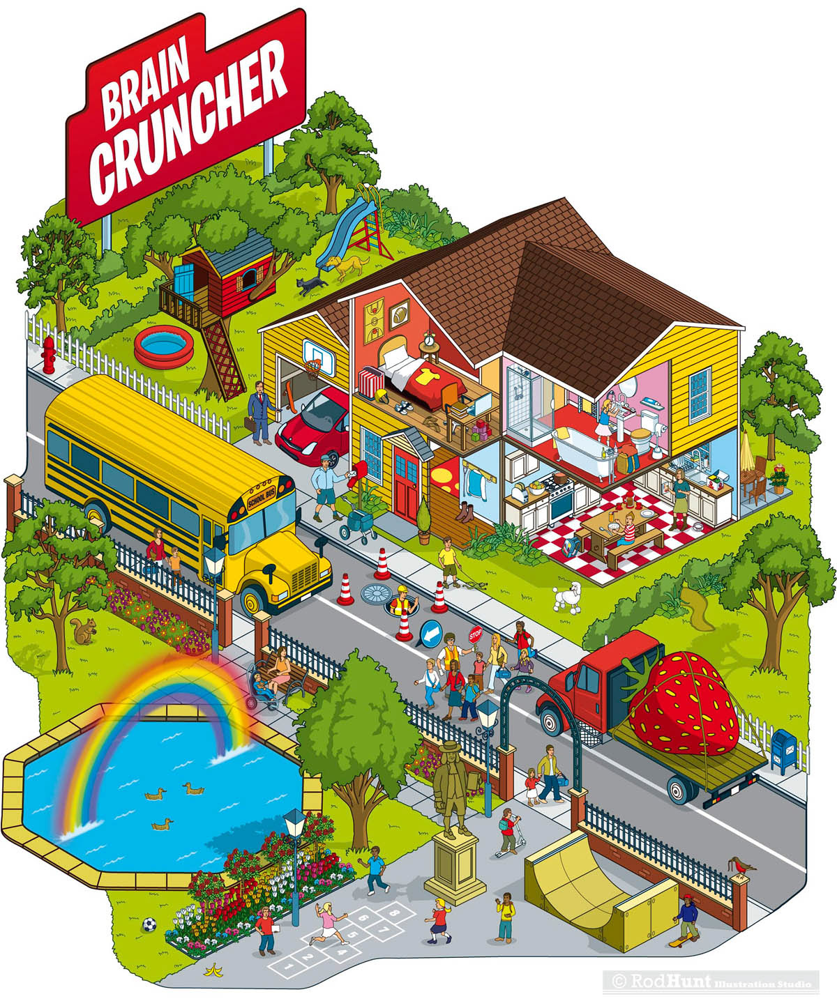 Life Cereal Box Illustration - Search and Find game illustrations Brain Cruncher Quaker Life & Cruchtime Cereal packaging, illustrated by Rod Hunt