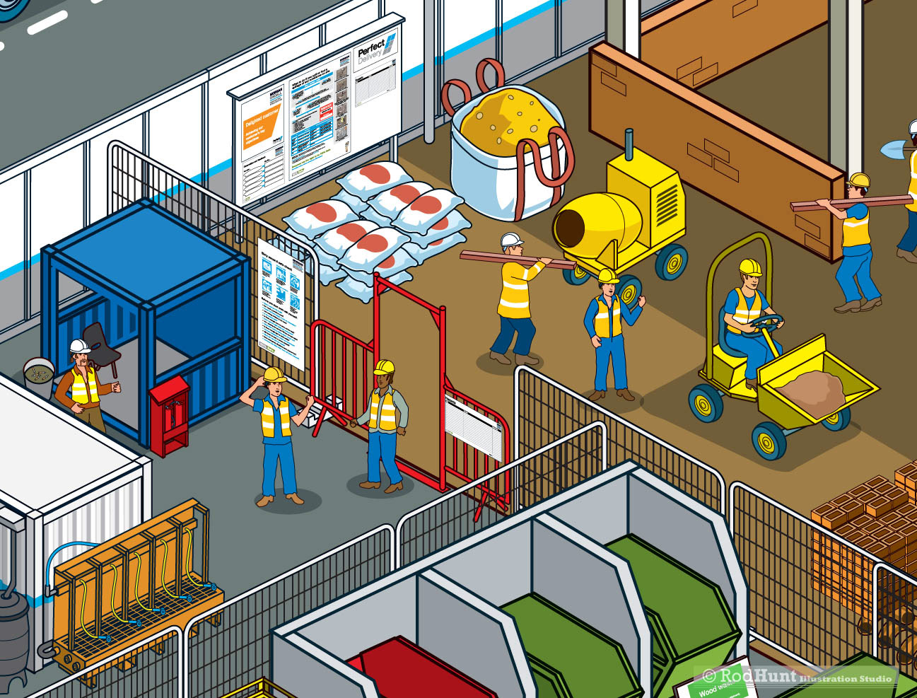 3D isometric perspective diagrams illustrating how to set up a construction site