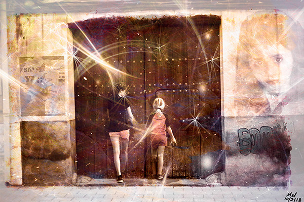 Through the secret door.