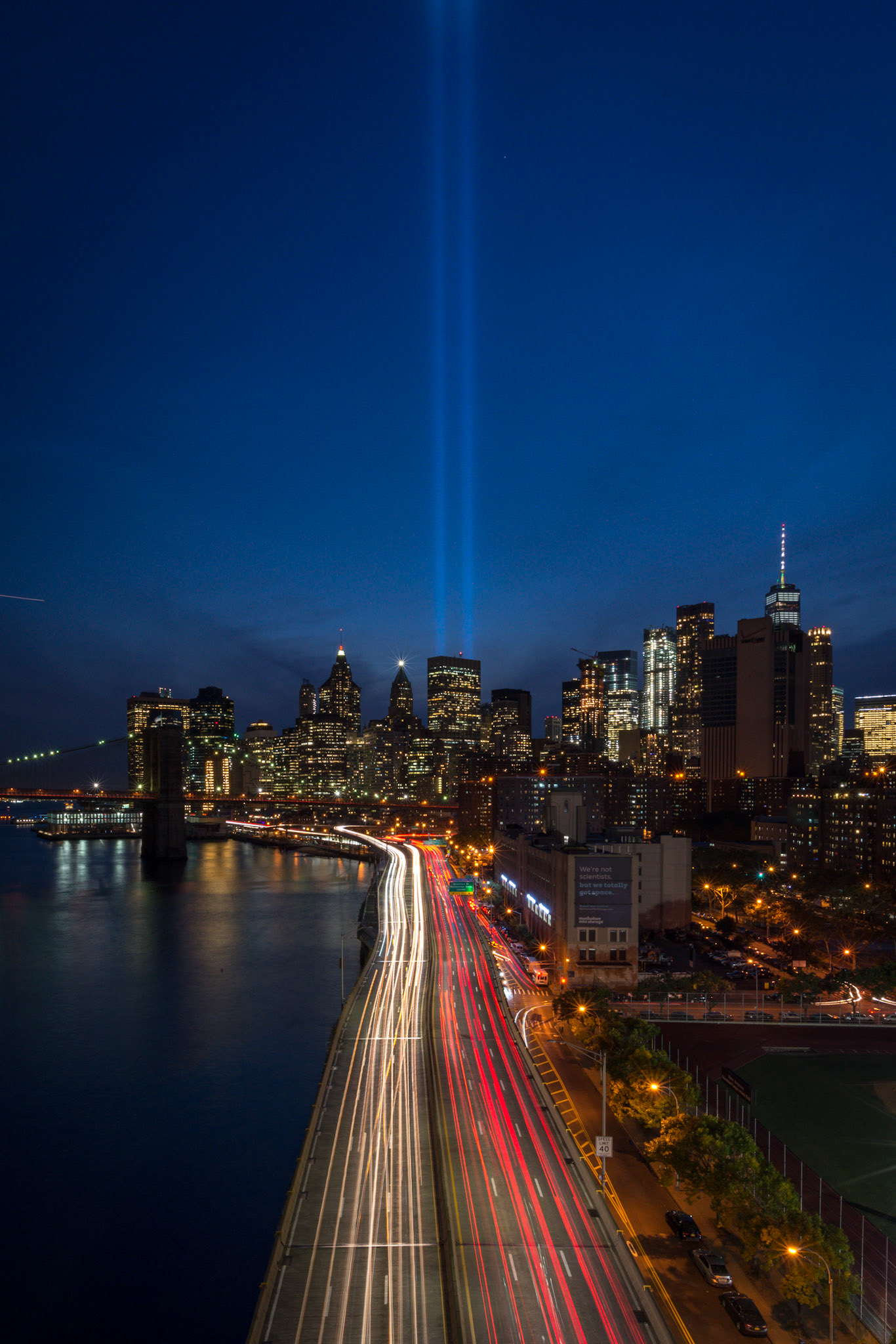 The Tribute in Lights are displayed yearly on the anniversary of the September 11th attack to commemorate the fallen World Trade Center Towers.