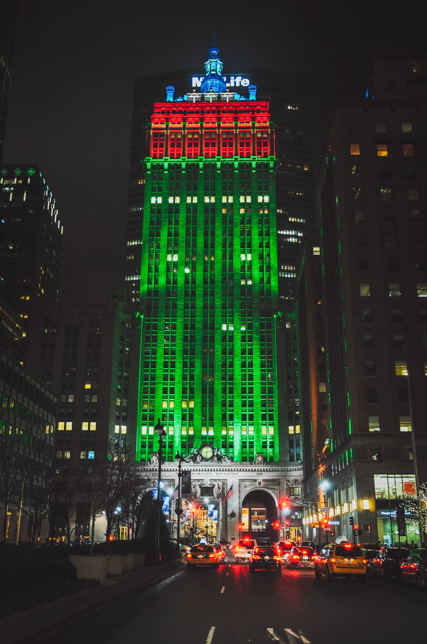 The Helmsley Building, formerly the New York Central Building, at the end of Park Avenue is decorated for the holidays
