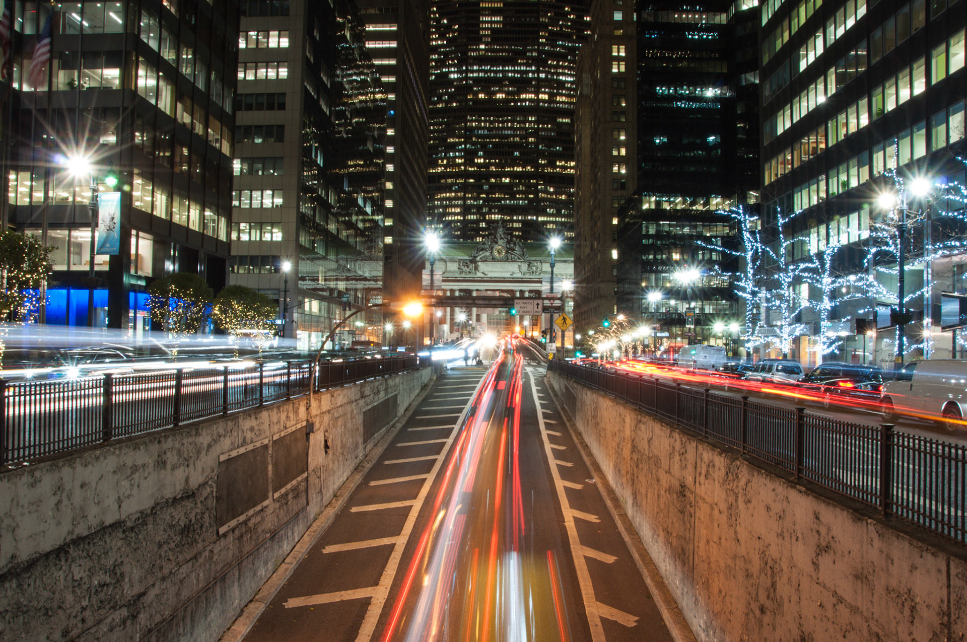 Grand Central Terminal and Park Avenue decorated for the holidays.