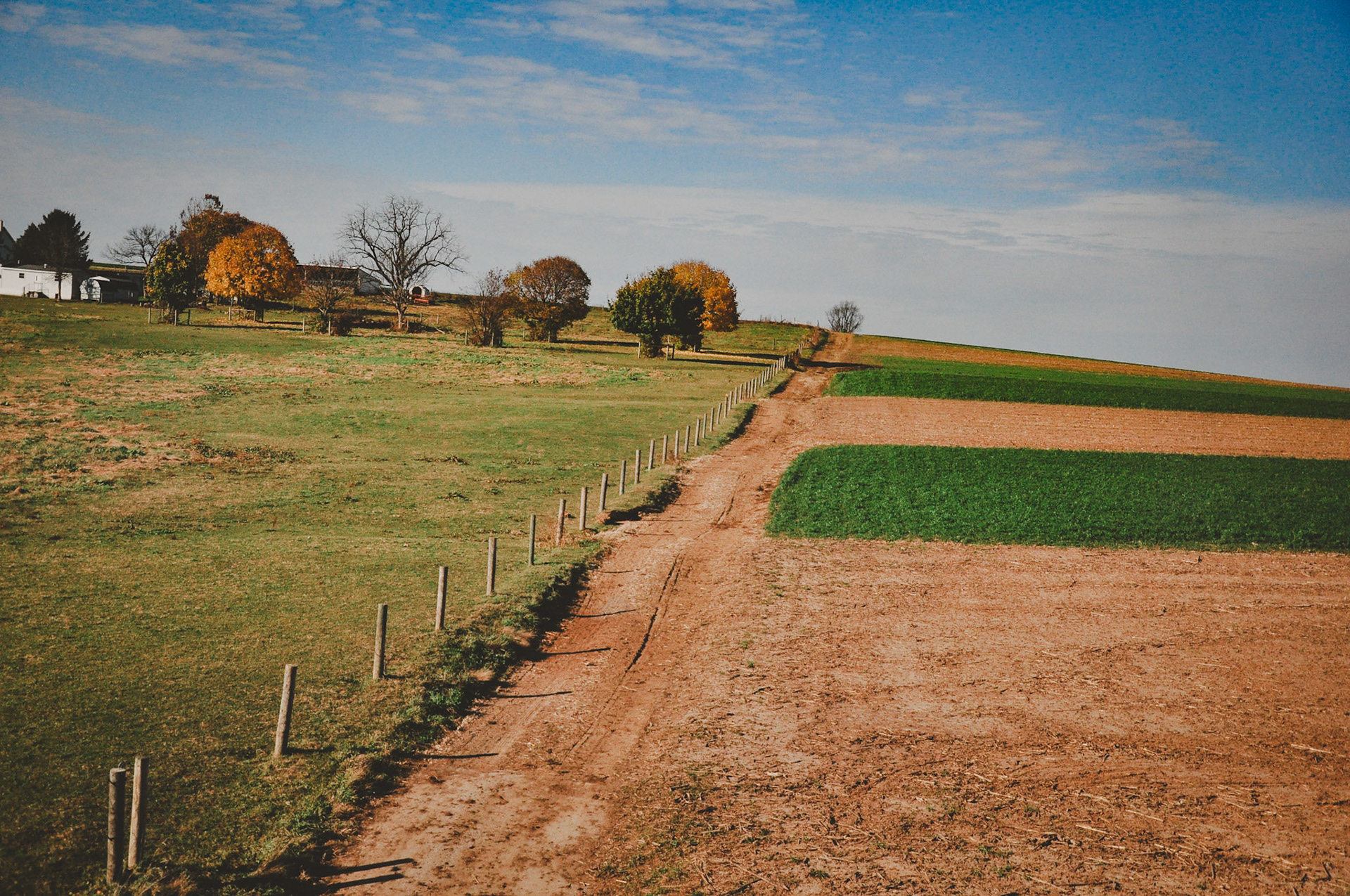 dirt roads and fields