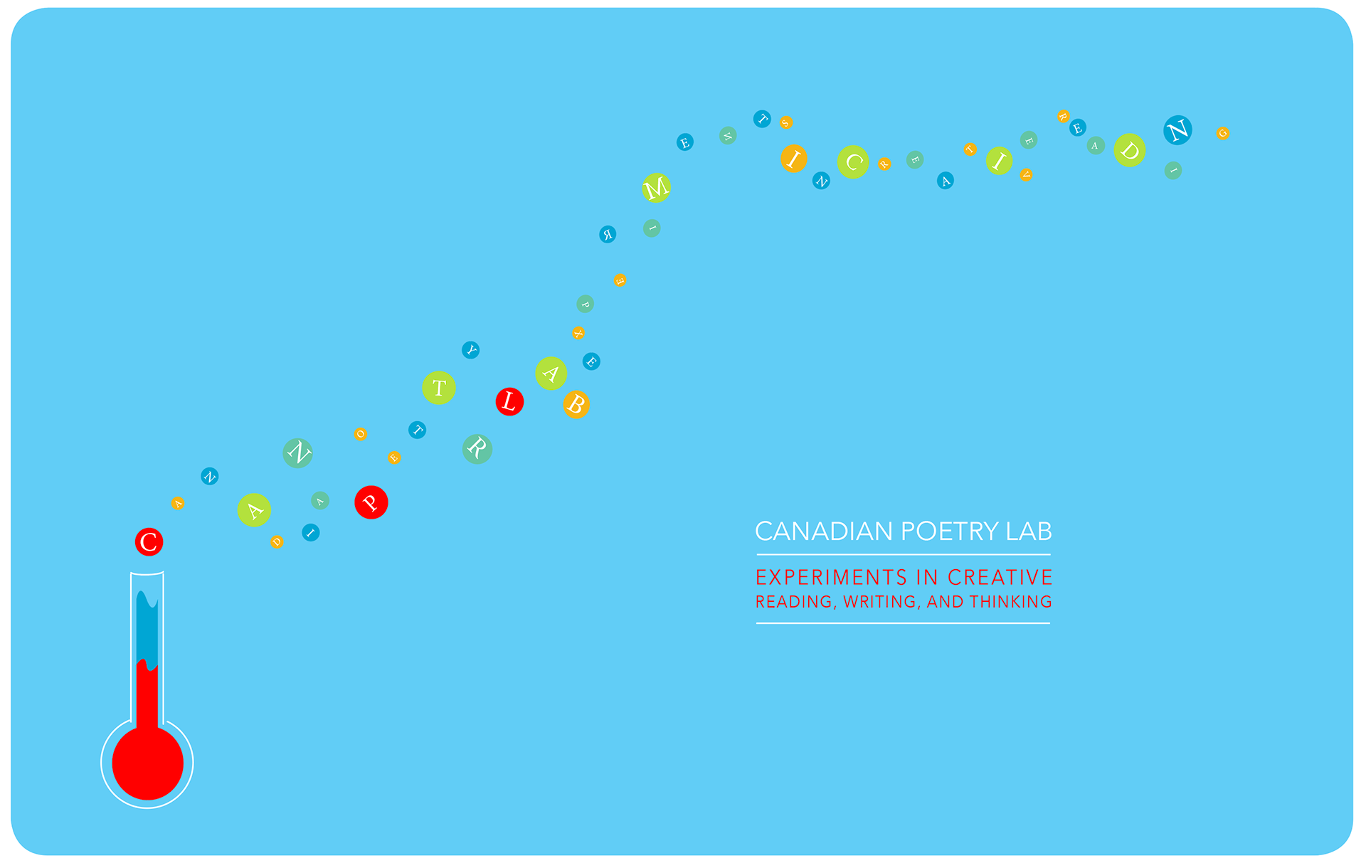 The series of letters bubble out of a cartoon test tube. This is the logo for the Canadian Poetry Lab: Experiments in Creative Reading, Writing, and Thinking
