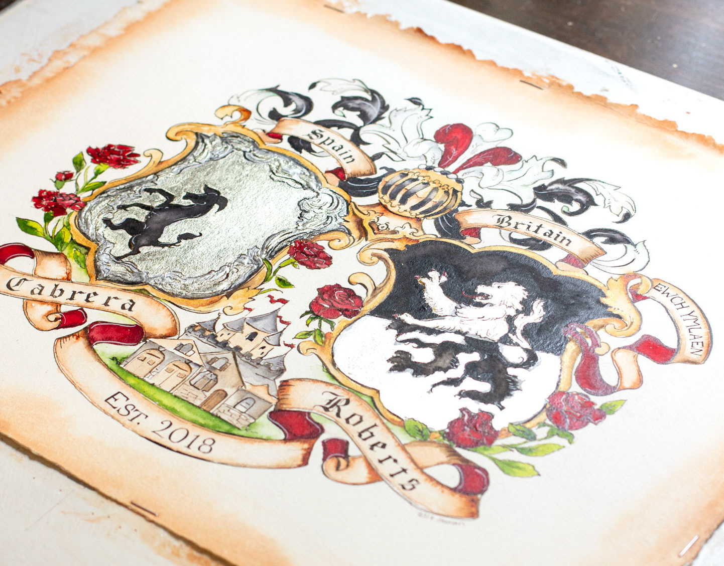 Hand painted family crests by Jamie Hansen - Coat of arms with Dragons