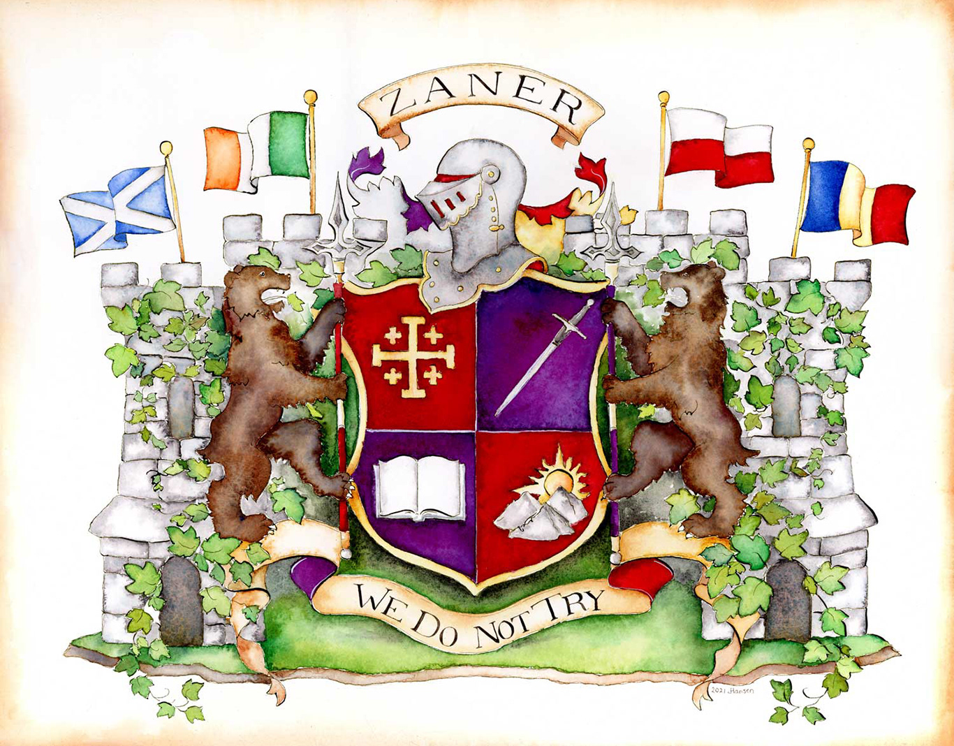 Hand painted family crests by Jamie Hansen