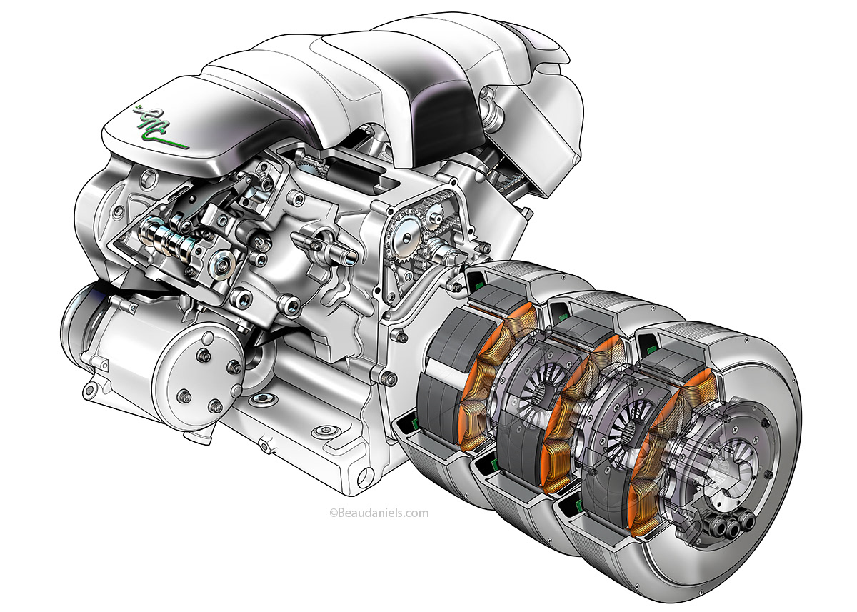 The final composited hybrid engine cutaway illustration.