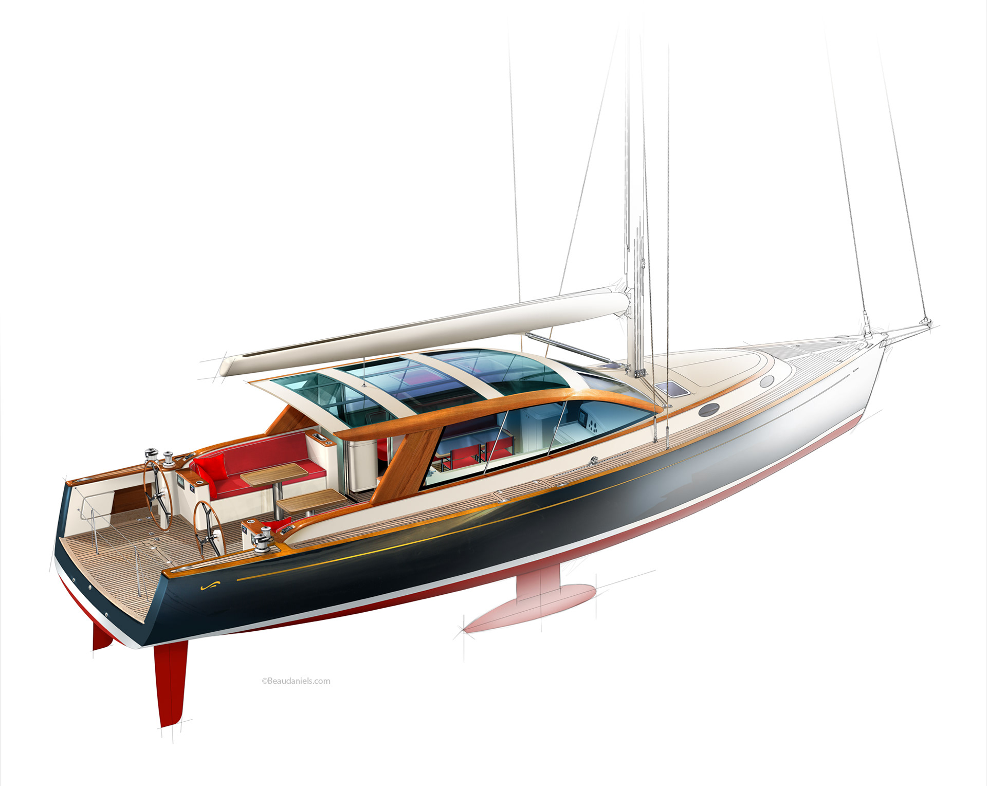 Sailboat technical illustration.