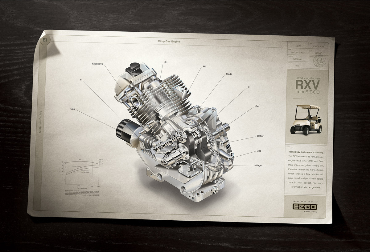 The final print ad using the cutaway engine.