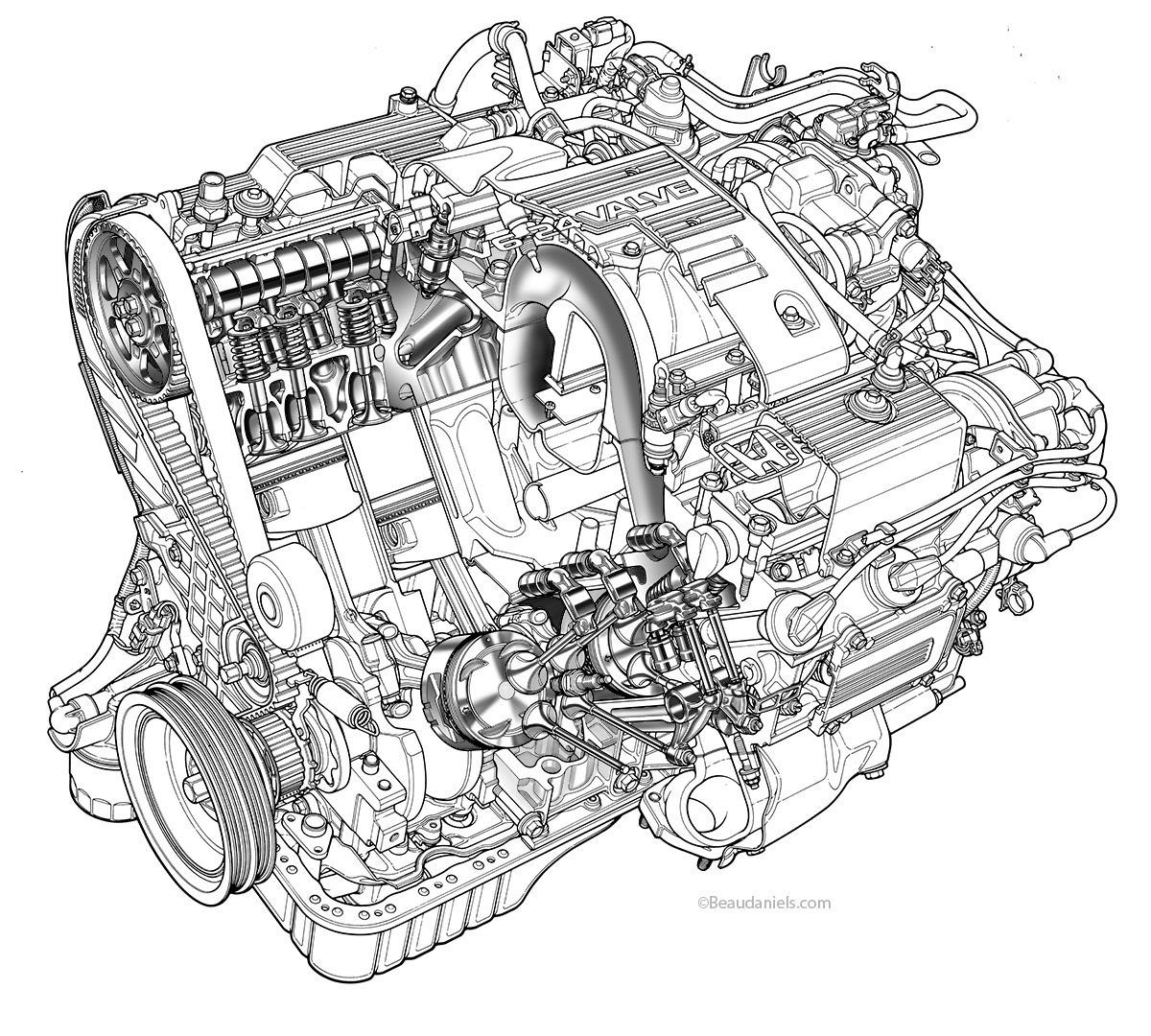 Six cylinder 24 valve generic car engine line art.