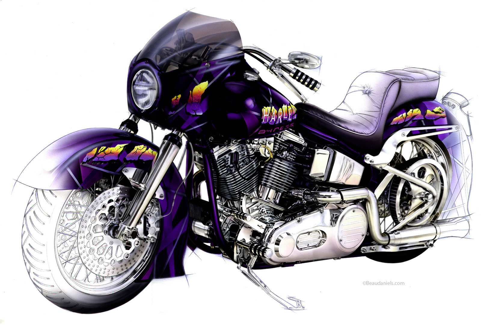Harley Davidson technical illustration. Traditional airbrushing.