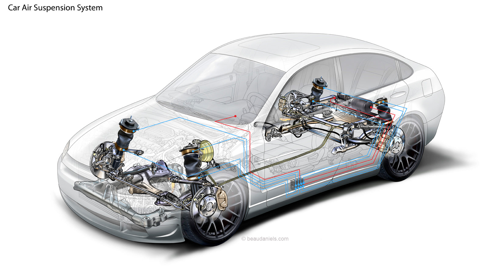 Car air suspension system, technical illustration. Air suspension is one type of vehicle suspension that is powered by an electric or engine-driven air pump or compressor. This compressor pumps the air into a flexible bellows, usually made from textile-reinforced rubber, better if there is a storage tank. The air pressure inflates the bellows, and raises the chassis from the axle. But it's a lot more fun than that, especially with a large storage tank and large dia. tubing. Technical automotive illustration. Cutaway vehicle.