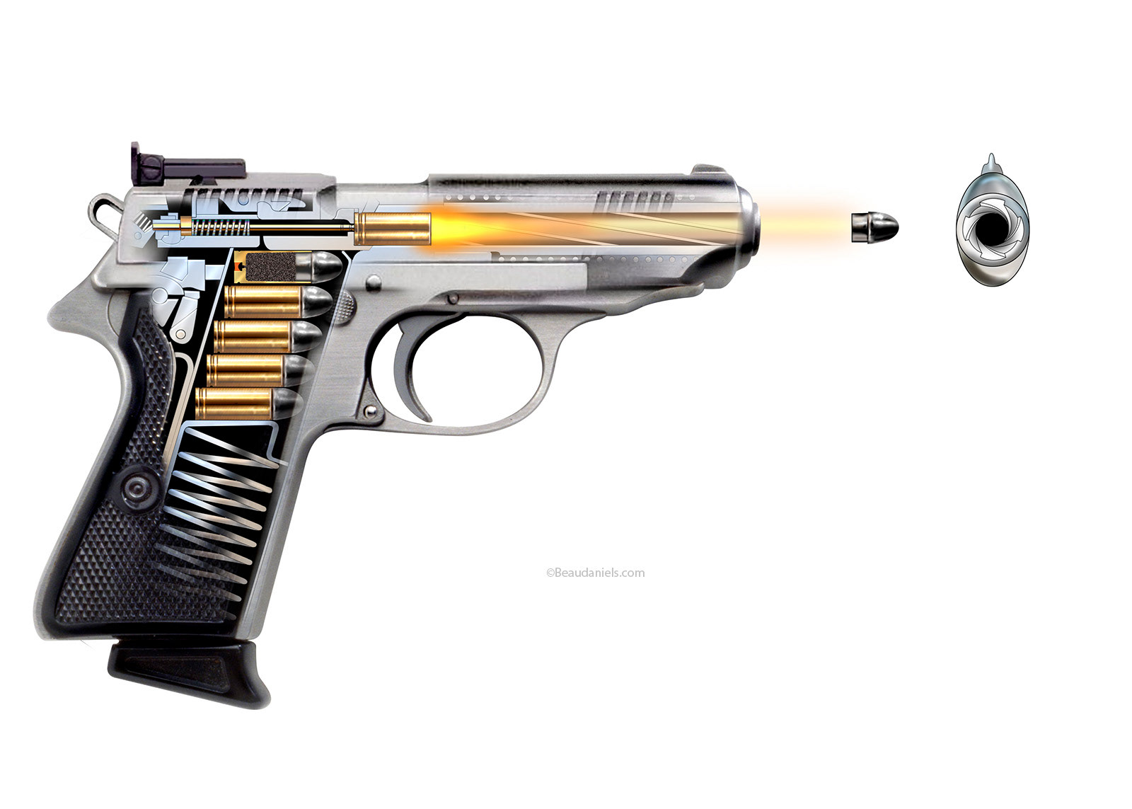 Cutaway gun, Scientific American technical cutaway illustration.
