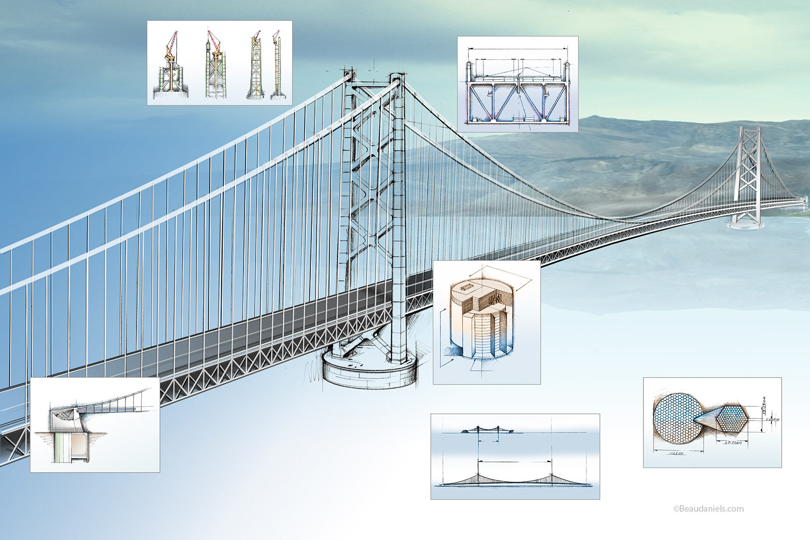 Elements in the construction of a bridge.
