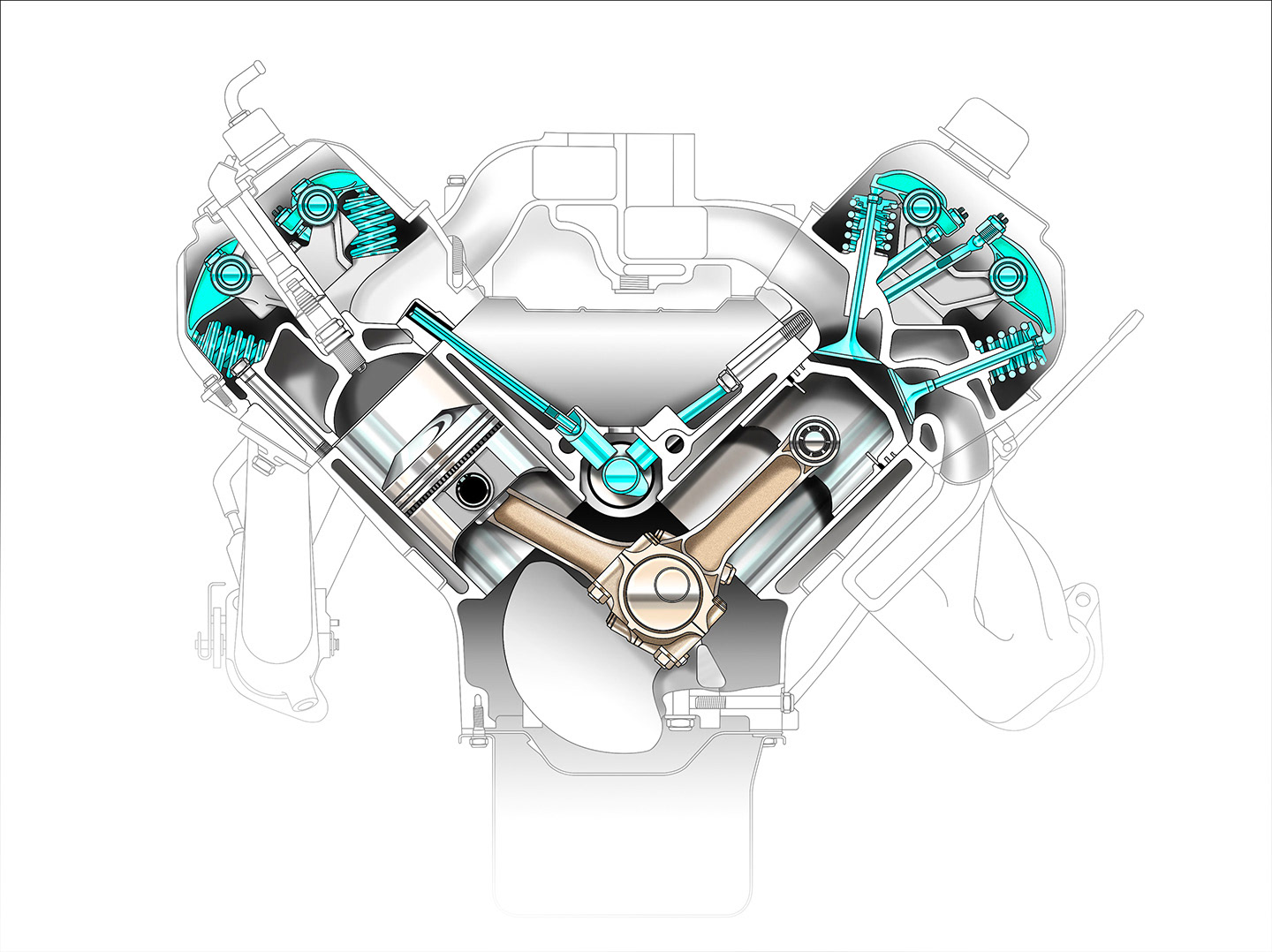 Hemi cross section engine illustration.