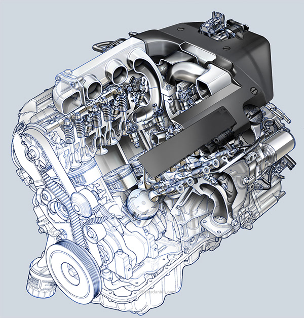 Technical illustration, Beau and Alan Daniels. - Generic car engines