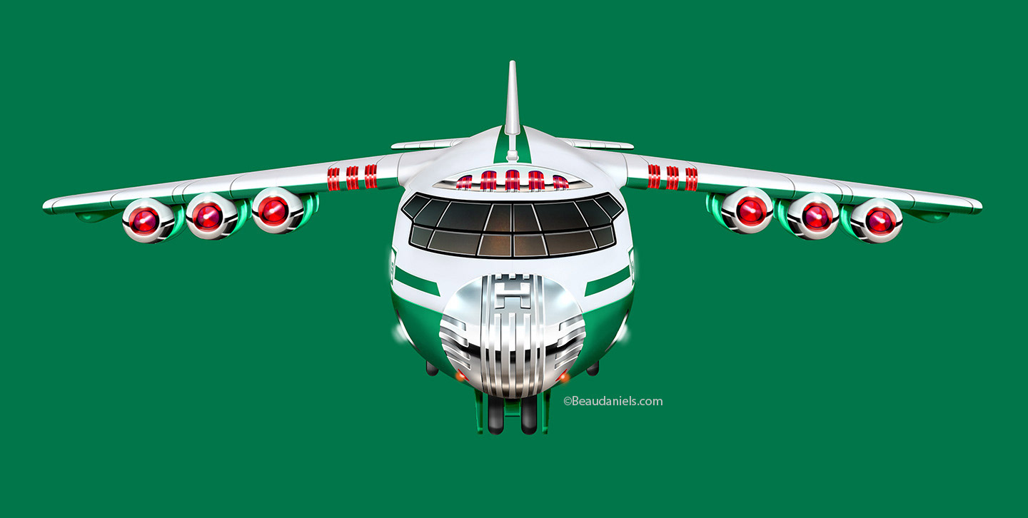 Hess packaging illustration. Cargo plane front view.
